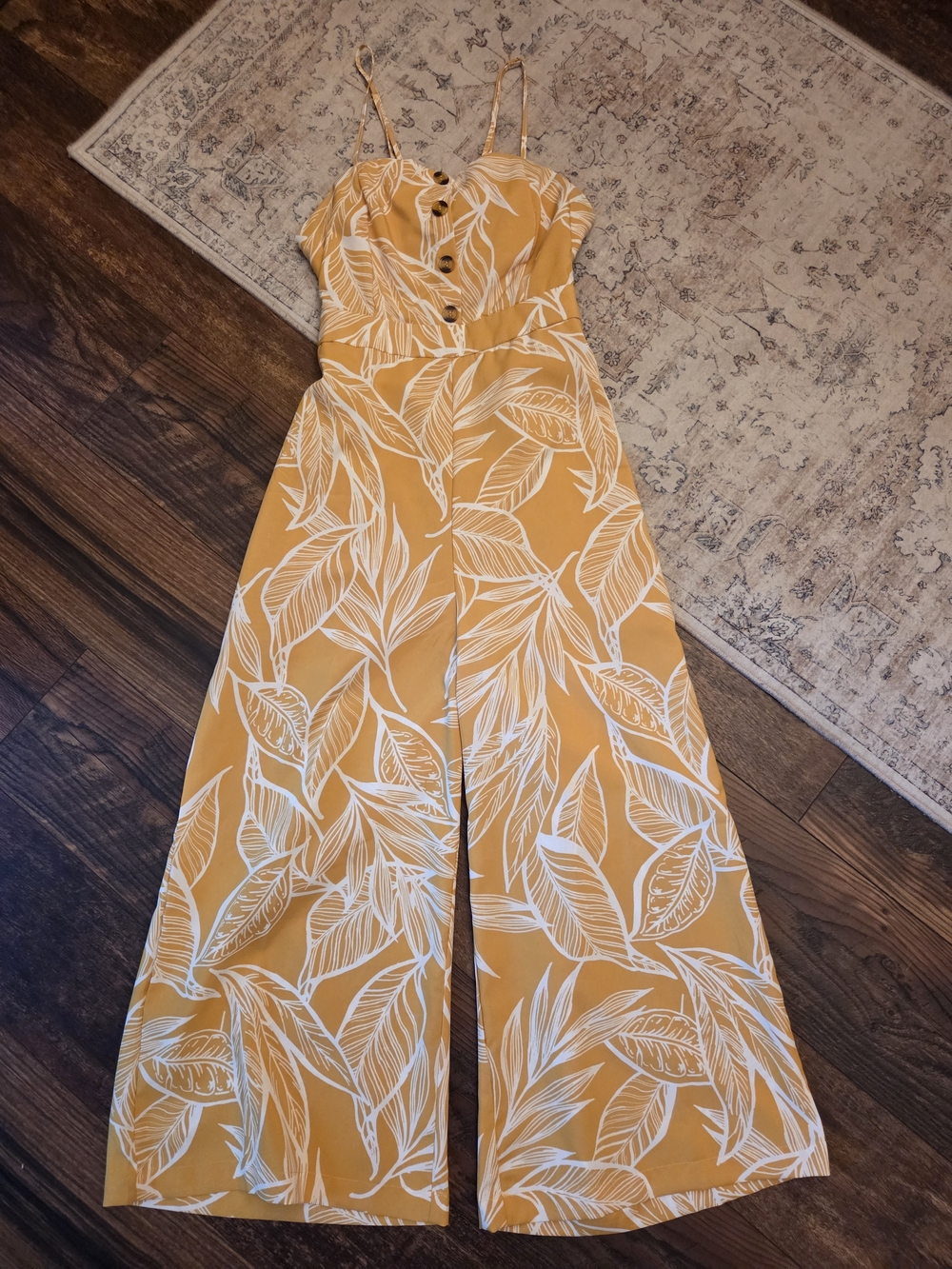 FAVLUX Mustard Yellow Leaf-Print Spaghetti Strap Jumpsuit